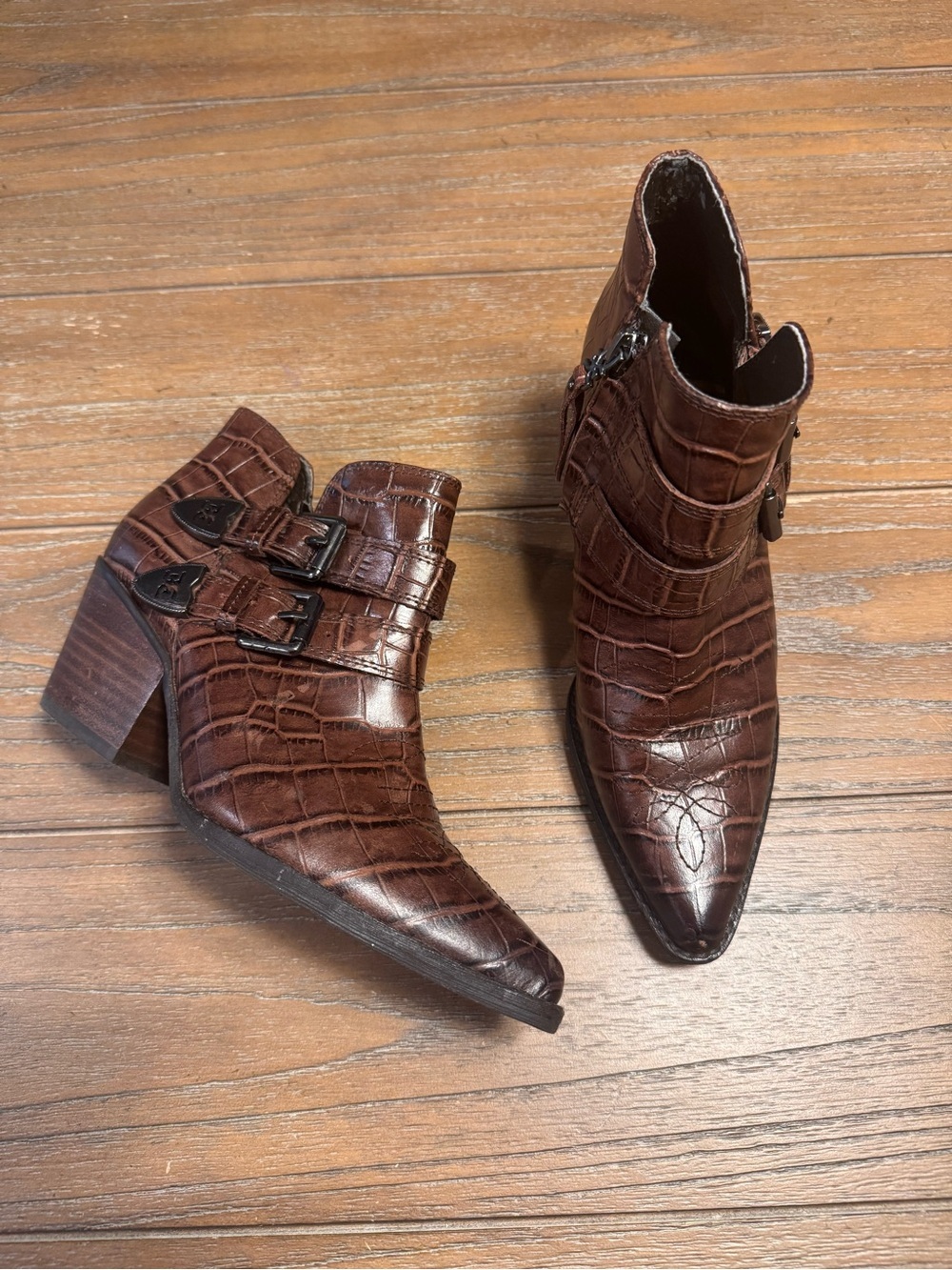 Sam Edelman Croc-Embossed Dark Brown Pointed Ankle Booties with Buckle Straps